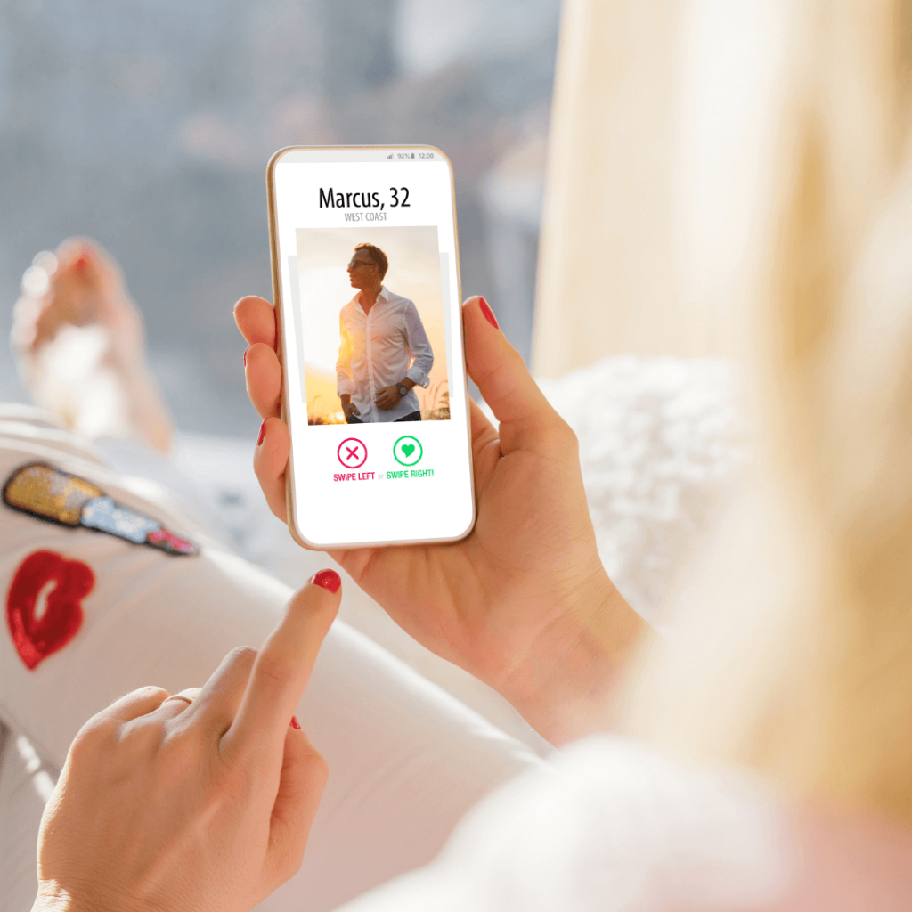 A person holding a smartphone, swiping through a dating profile of a man named Marcus, 32, on an online dating app. The image emphasizes the decision-making process in online dating and the profile enhancement services offered by Orlando Date Coach.