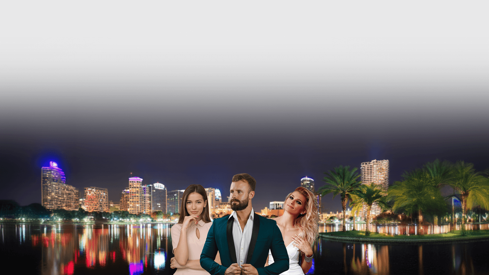 A confident man in a teal suit, standing between two attractive women, with the Orlando city skyline glowing at night in the background. The image symbolizes the success and sophistication of dating coaching services offered by Orlando Date Coach, Ty Temmel.